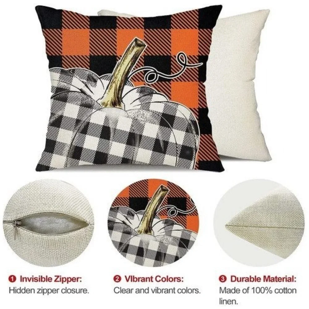18” Fall /Halloween Pillow Covers in Orange-Black Buffalo Plaid (Set of 4)